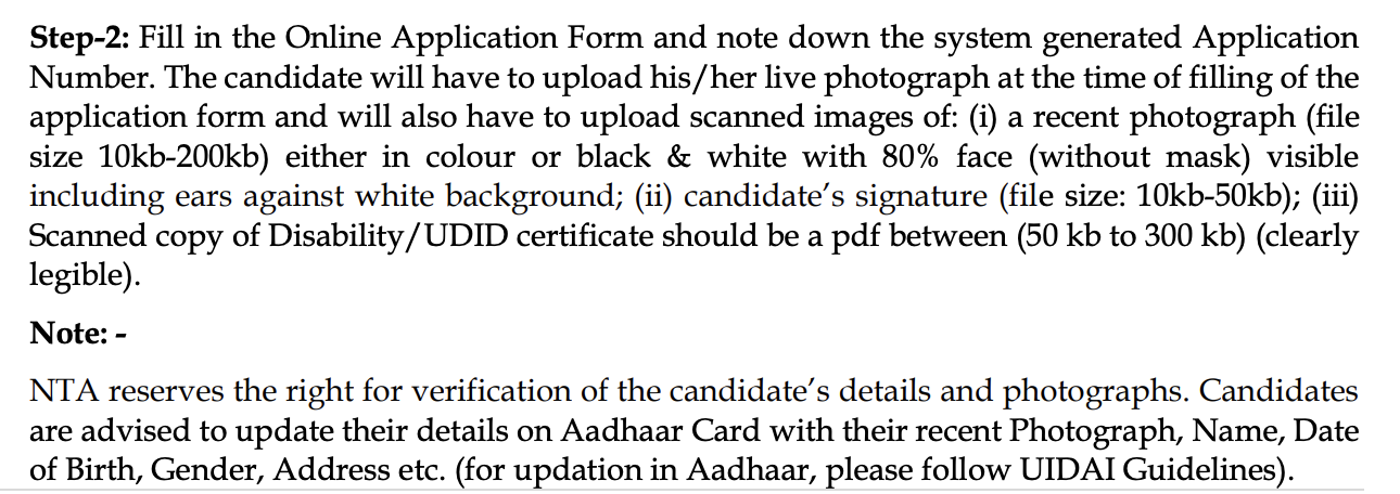 UGC NET December 2026 application form instructions for live photograph, scanned photo, signature and disability certificate upload requirements